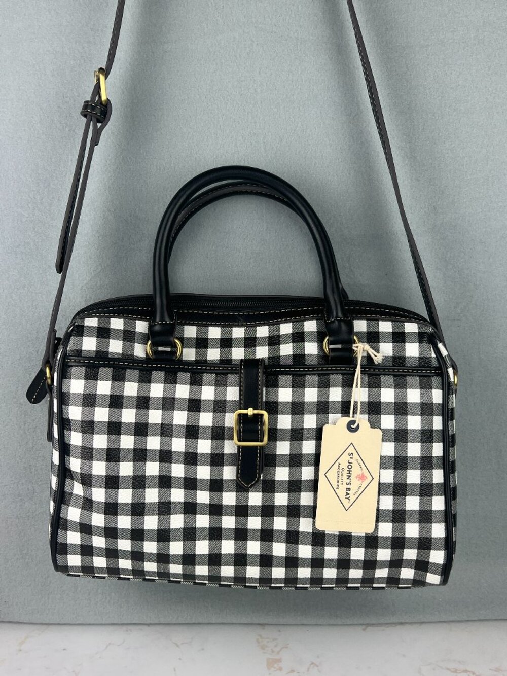 NWT St. John's Bay Hanover Satchel Black & White Gingham Checkered Print Purse